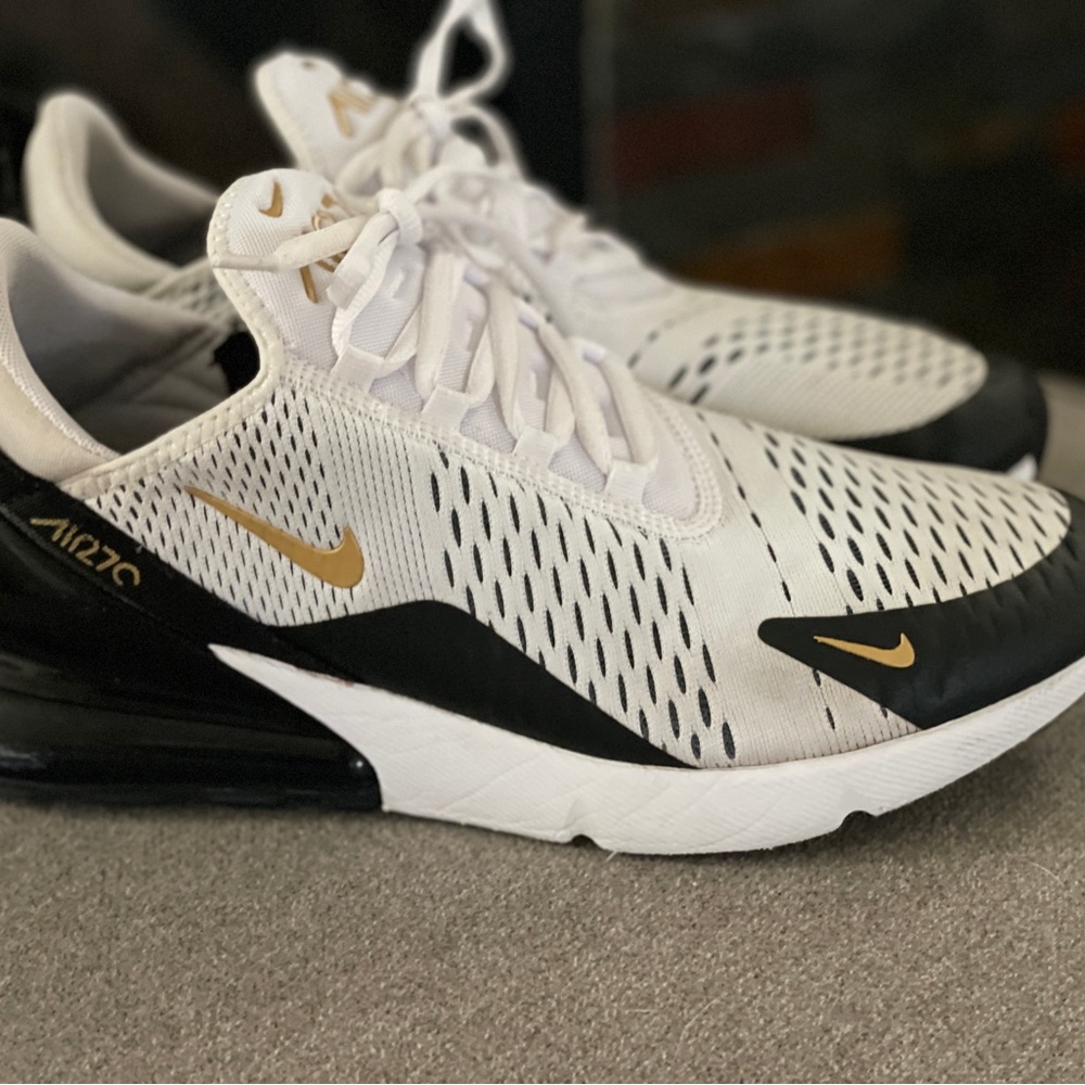 Men’s Nike Air Max 270 White and Gold Athletic Shoes